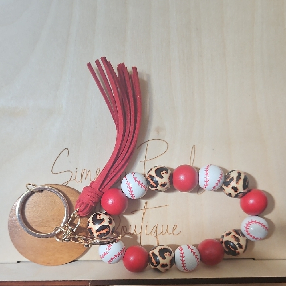 Red and White Baseball Beaded Keychain Bracelet Engraveable Wooden Disk Set